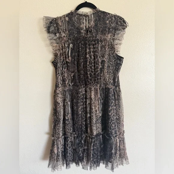 All Saints Perri Noche Animal Print Cap Sleeve Ruffle Mesh Minidress XL *flawed* - Picture 7 of 11